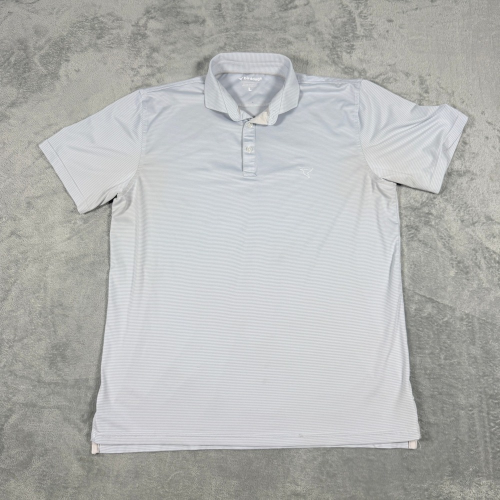 Birddogs Mens Large Polo Shirt Light Blue White Micro Stripe Performance Stretch